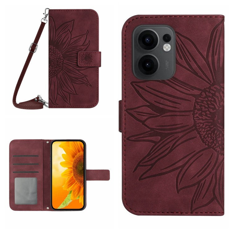 For Oppo Reno13 F 4G / 5G Case Sunflower Imprint PU Leather Phone Cover with Long Strap - Wine Red