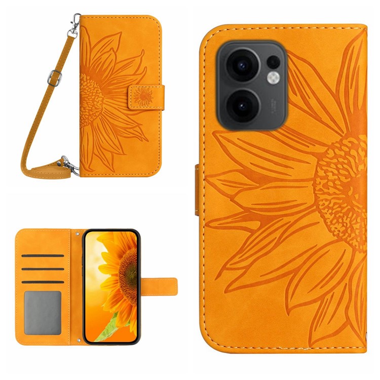 For Oppo Reno13 F 4G / 5G Case Sunflower Imprint PU Leather Phone Cover with Long Strap - Yellow