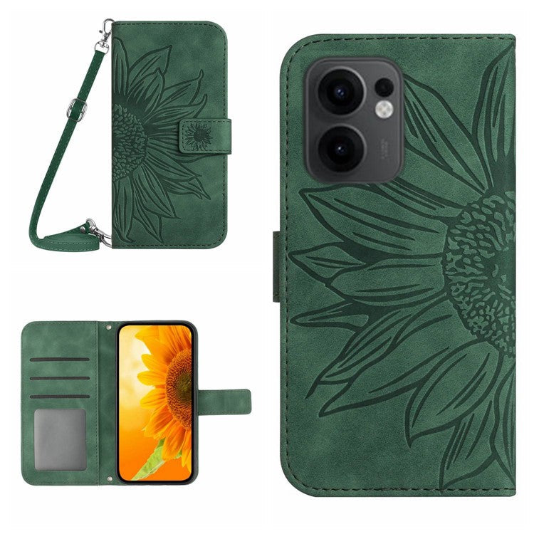 For Oppo Reno13 F 4G / 5G Case Sunflower Imprint PU Leather Phone Cover with Long Strap - Blackish Green