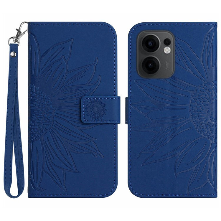 For Oppo Reno13 F 5G / 4G Case Sunflower Imprint Leather Wallet Phone Cover with Wrist Strap - Sapphire