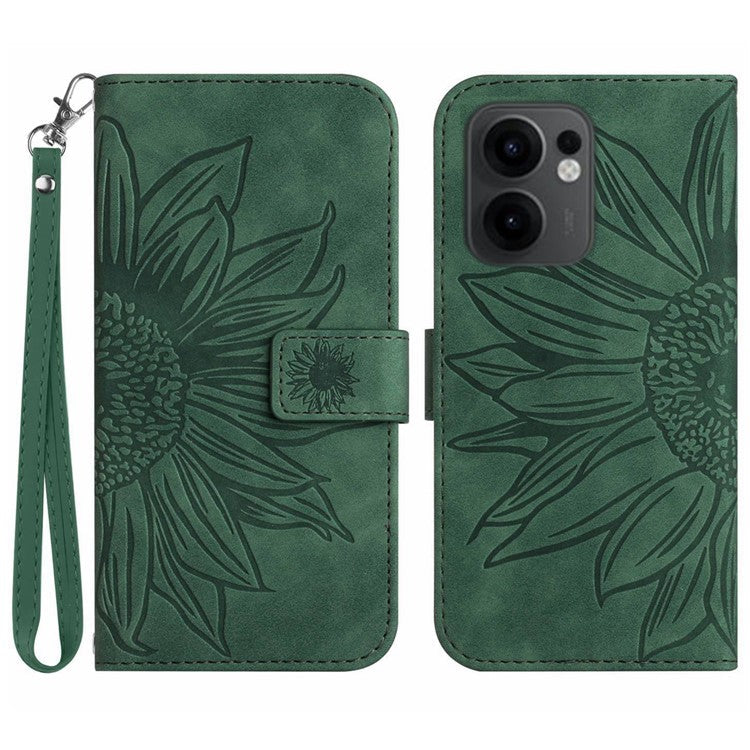 For Oppo Reno13 F 5G / 4G Case Sunflower Imprint Leather Wallet Phone Cover with Wrist Strap - Dark Green