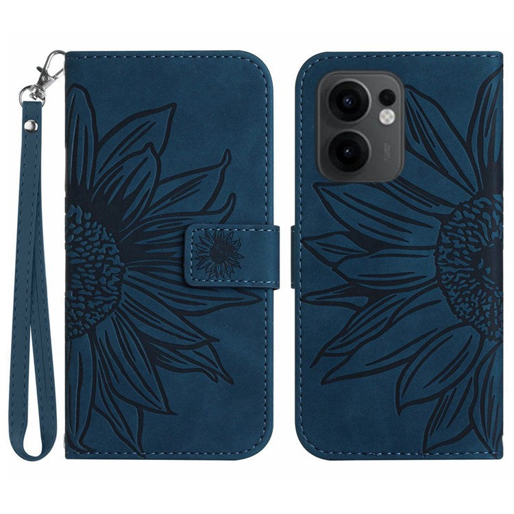 For Oppo Reno13 F 5G / 4G Case Sunflower Imprint Leather Wallet Phone Cover with Wrist Strap - Dark Blue