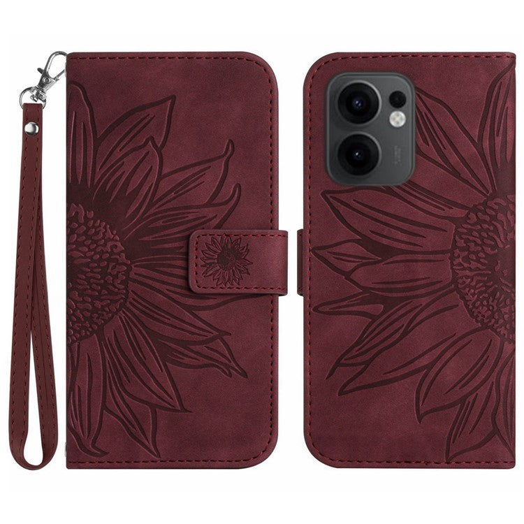 For Oppo Reno13 F 5G / 4G Case Sunflower Imprint Leather Wallet Phone Cover with Wrist Strap - Wine Red