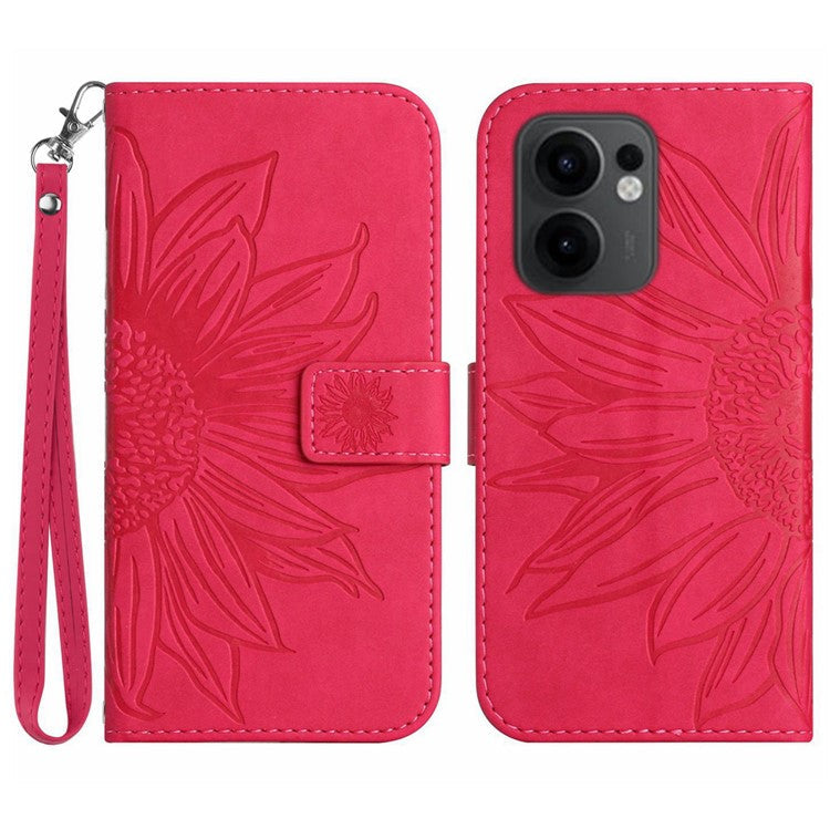 For Oppo Reno13 F 5G / 4G Case Sunflower Imprint Leather Wallet Phone Cover with Wrist Strap - Rose