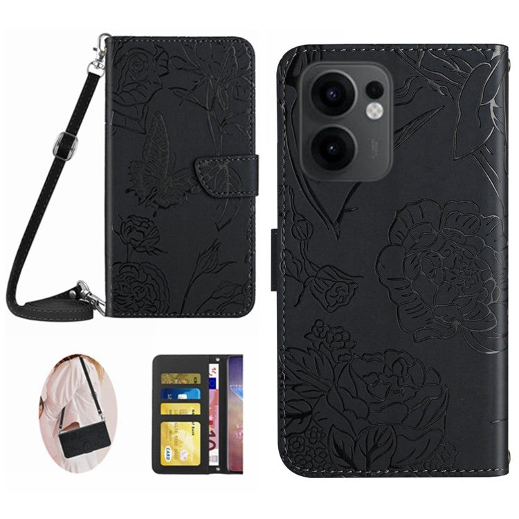 For Oppo Reno13 F 4G / 5G Case Butterfly Flower Imprint Leather Phone Cover with Shoulder Strap - Black