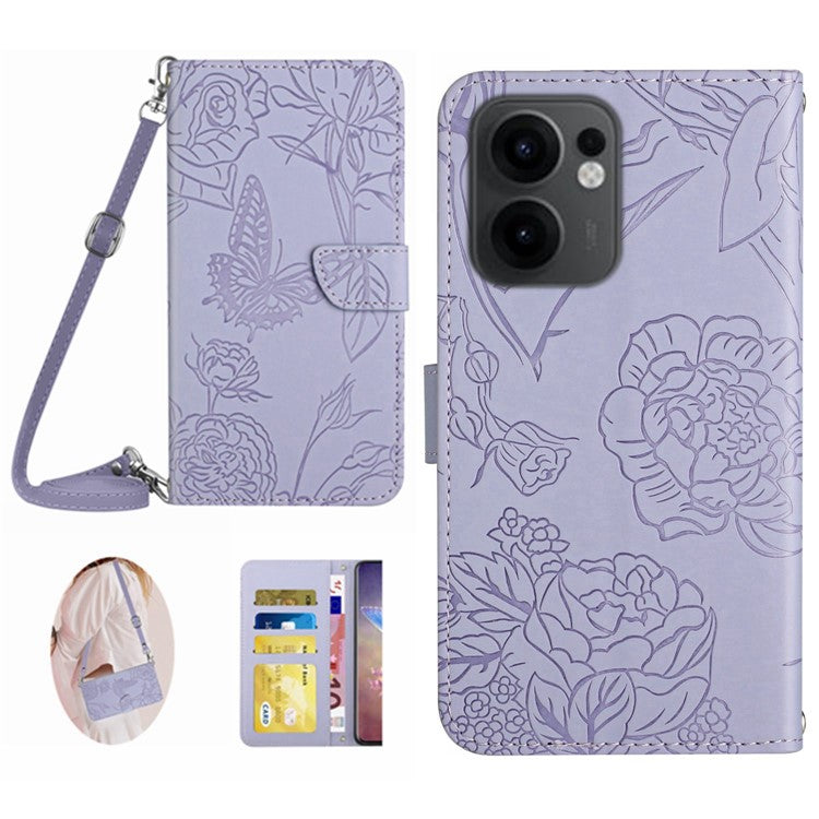 For Oppo Reno13 F 4G / 5G Case Butterfly Flower Imprint Leather Phone Cover with Shoulder Strap - Purple