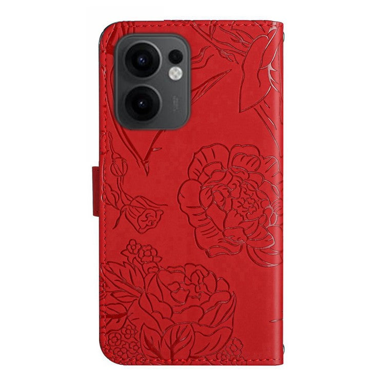 For Oppo Reno13 F 4G / 5G Case Butterfly Flower Imprinted Leather Phone Cover with Strap - Red