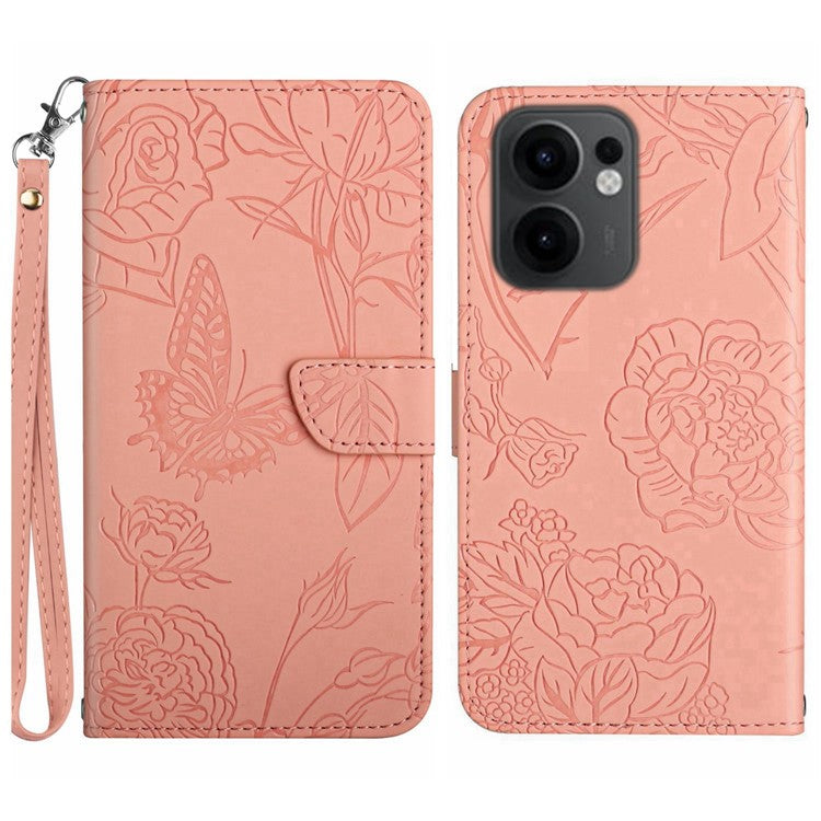 For Oppo Reno13 F 4G / 5G Case Butterfly Flower Imprinted Leather Phone Cover with Strap - Pink