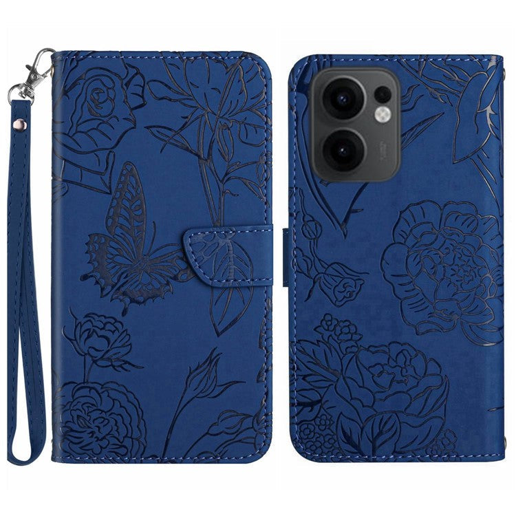 For Oppo Reno13 F 4G / 5G Case Butterfly Flower Imprinted Leather Phone Cover with Strap - Blue