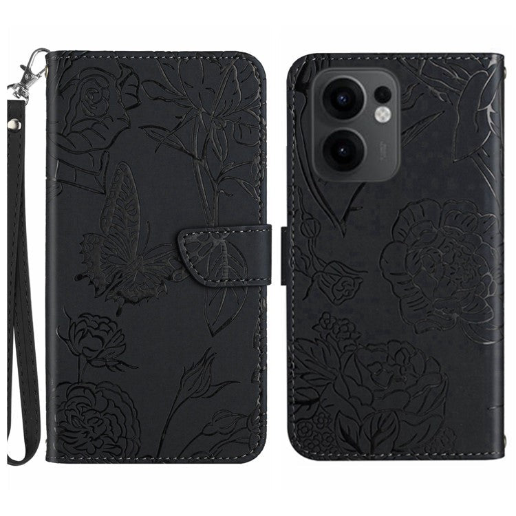 For Oppo Reno13 F 4G / 5G Case Butterfly Flower Imprinted Leather Phone Cover with Strap - Black