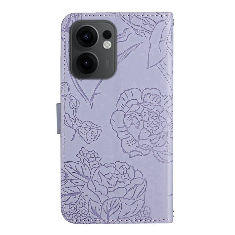 For Oppo Reno13 F 4G / 5G Case Butterfly Flower Imprinted Leather Phone Cover with Strap - Purple
