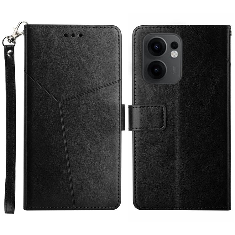 For Oppo Reno13 F 5G / 4G Case with Wrist Strap Y Shaped Lines Imprint Leather Phone Cover - Black
