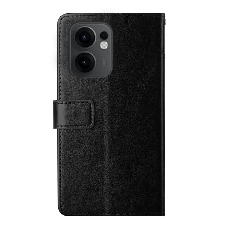For Oppo Reno13 F 5G / 4G Case with Wrist Strap Y Shaped Lines Imprint Leather Phone Cover - Black