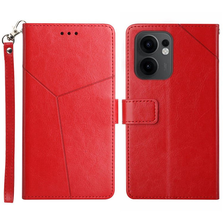 For Oppo Reno13 F 5G / 4G Case with Wrist Strap Y Shaped Lines Imprint Leather Phone Cover - Red