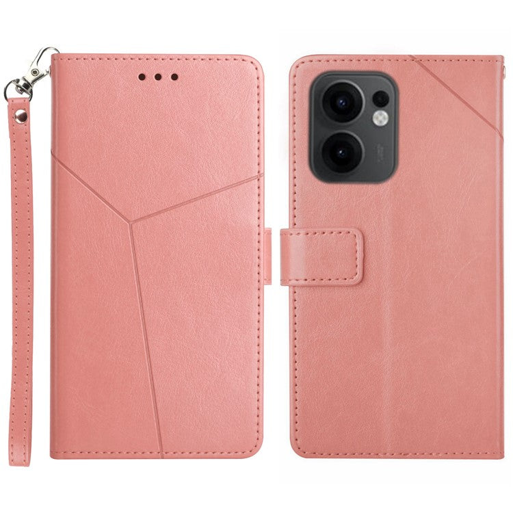 For Oppo Reno13 F 5G / 4G Case with Wrist Strap Y Shaped Lines Imprint Leather Phone Cover - Pink