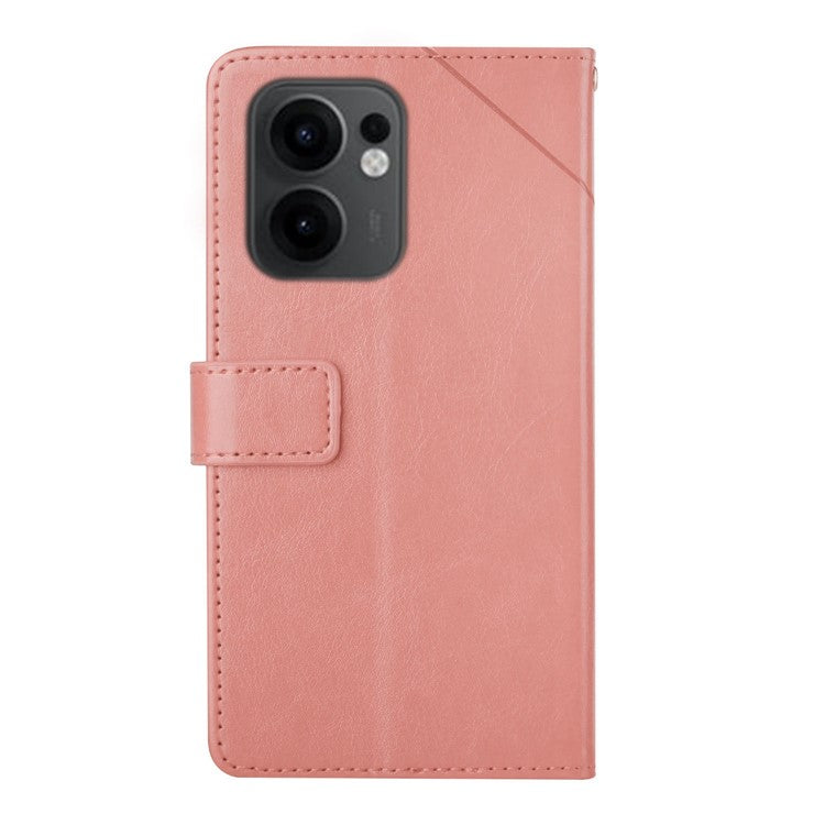 For Oppo Reno13 F 5G / 4G Case with Wrist Strap Y Shaped Lines Imprint Leather Phone Cover - Pink