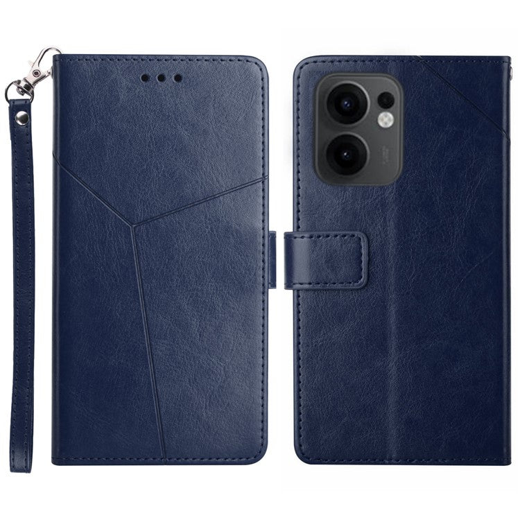 For Oppo Reno13 F 5G / 4G Case with Wrist Strap Y Shaped Lines Imprint Leather Phone Cover - Blue