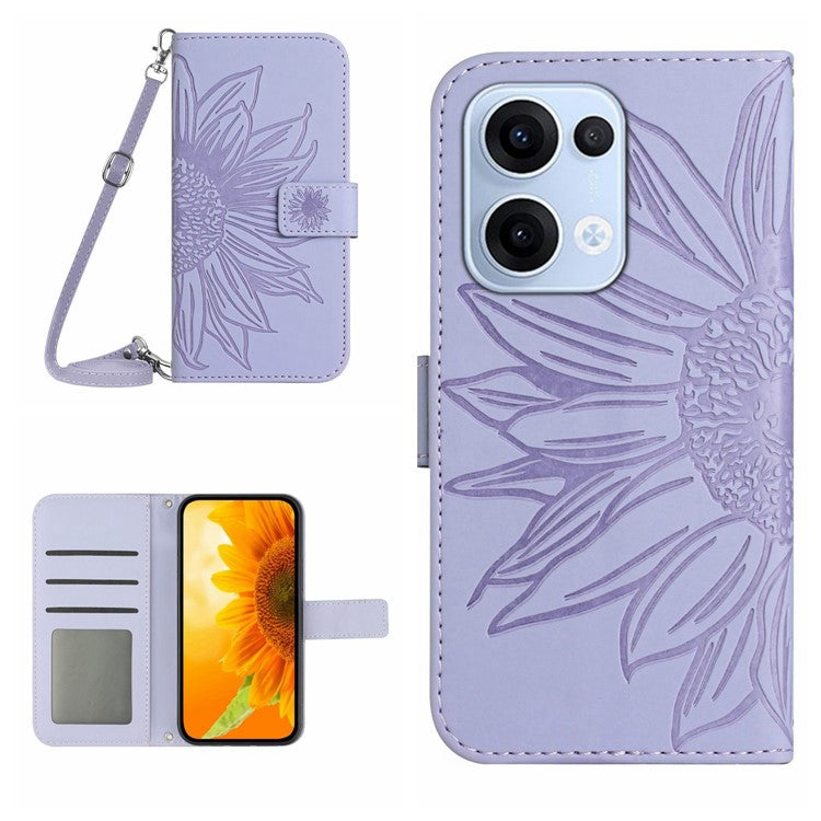 For Oppo Reno13 5G (Global) Case Sunflower Imprint PU Leather Phone Cover with Long Strap - Light Purple