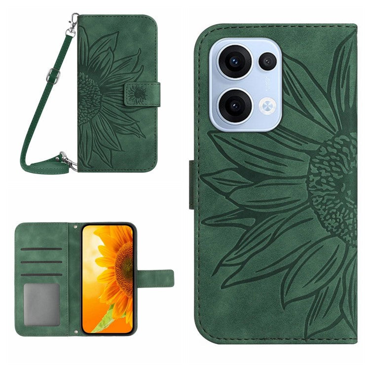 For Oppo Reno13 5G (Global) Case Sunflower Imprint PU Leather Phone Cover with Long Strap - Dark Green