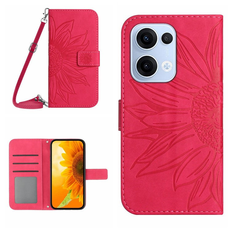 For Oppo Reno13 5G (Global) Case Sunflower Imprint PU Leather Phone Cover with Long Strap - Rose