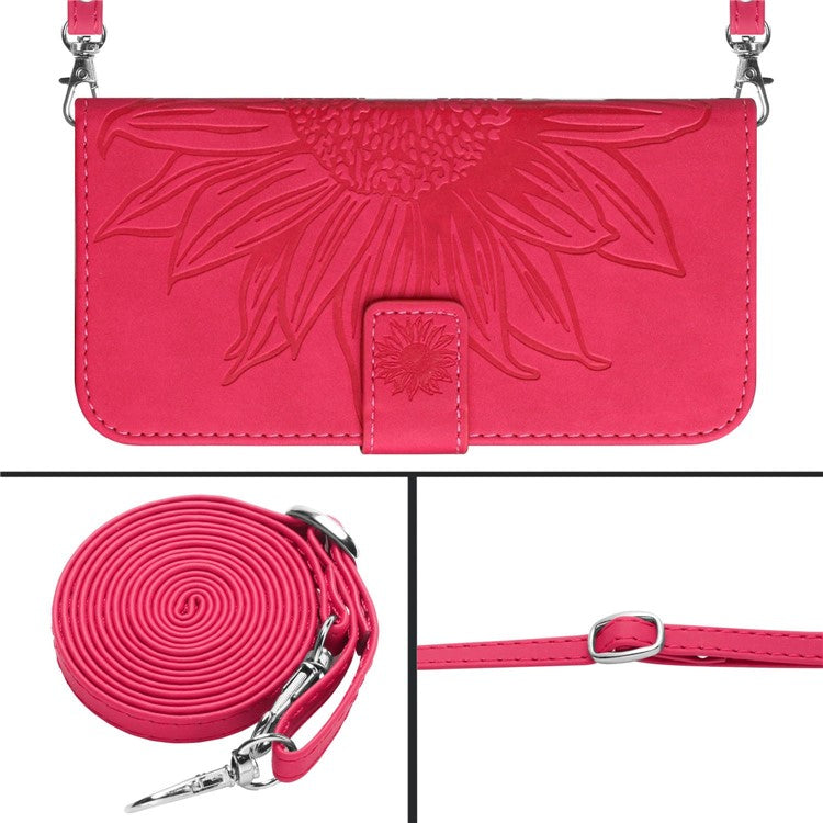 For Oppo Reno13 5G (Global) Case Sunflower Imprint PU Leather Phone Cover with Long Strap - Rose