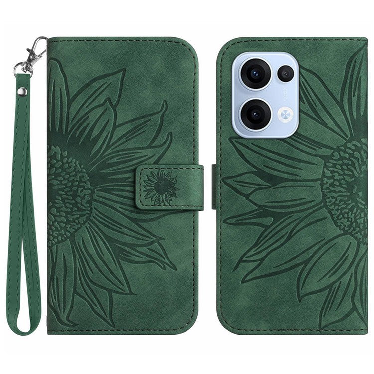 For Oppo Reno13 5G (Global) Case Sunflower Imprint Leather Wallet Phone Cover with Wrist Strap - Dark Green