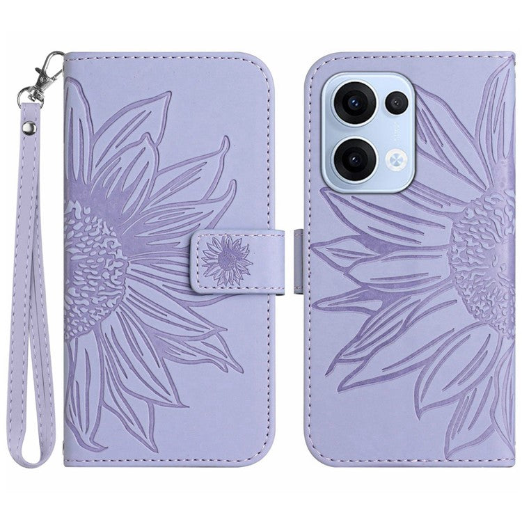 For Oppo Reno13 5G (Global) Case Sunflower Imprint Leather Wallet Phone Cover with Wrist Strap - Light Purple