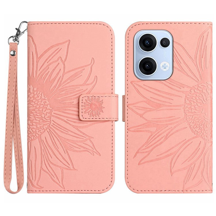For Oppo Reno13 5G (Global) Case Sunflower Imprint Leather Wallet Phone Cover with Wrist Strap - Light Pink