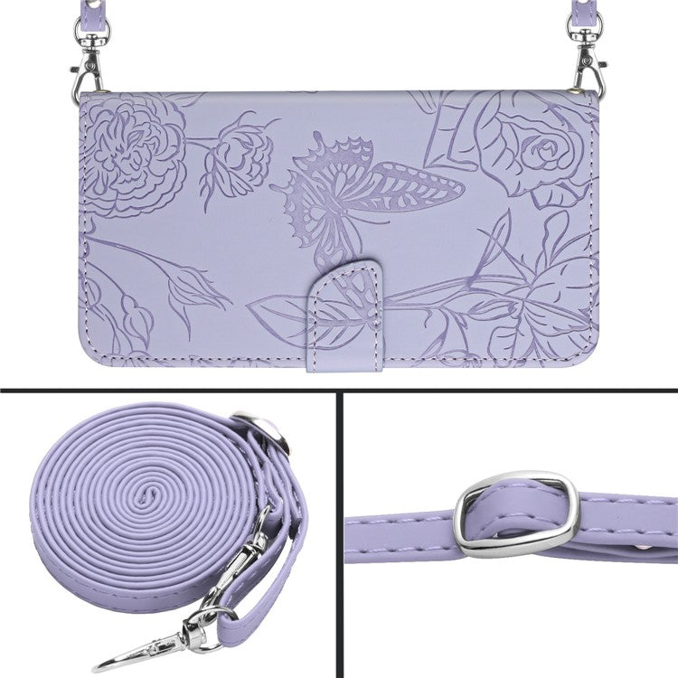 For Oppo Reno13 5G (Global) Case Butterfly Flower Imprint Leather Phone Cover with Shoulder Strap - Purple