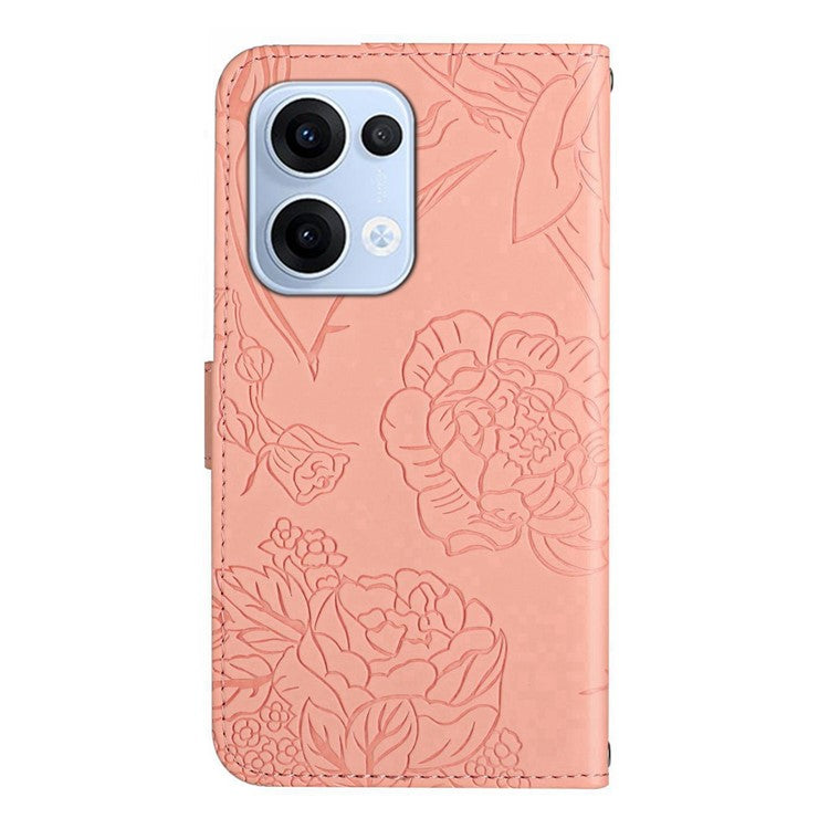 For Oppo Reno13 5G (Global) Case Butterfly Flower Imprinted Leather Phone Cover with Strap - Pink