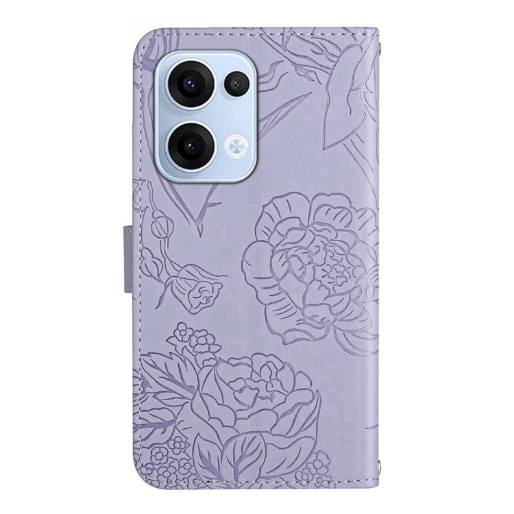 For Oppo Reno13 5G (Global) Case Butterfly Flower Imprinted Leather Phone Cover with Strap - Purple