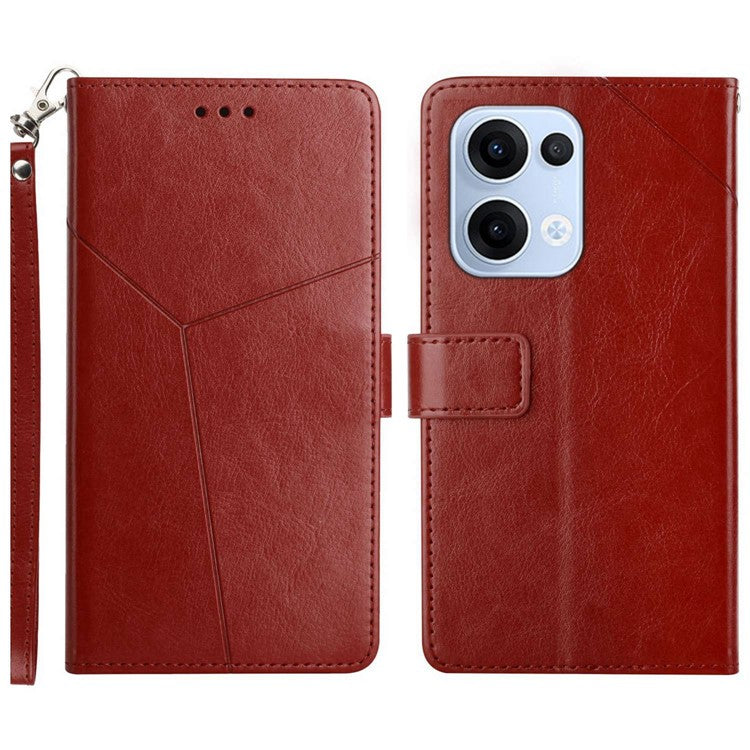 For Oppo Reno13 5G (Global) Case with Wrist Strap Y Shaped Lines Imprint Leather Phone Cover - Brown
