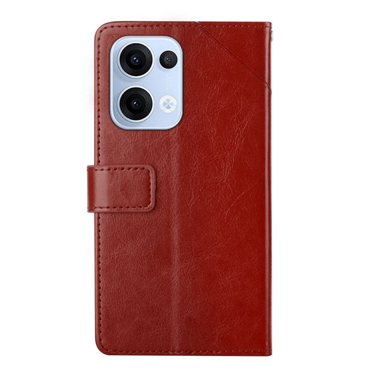 For Oppo Reno13 5G (Global) Case with Wrist Strap Y Shaped Lines Imprint Leather Phone Cover - Brown