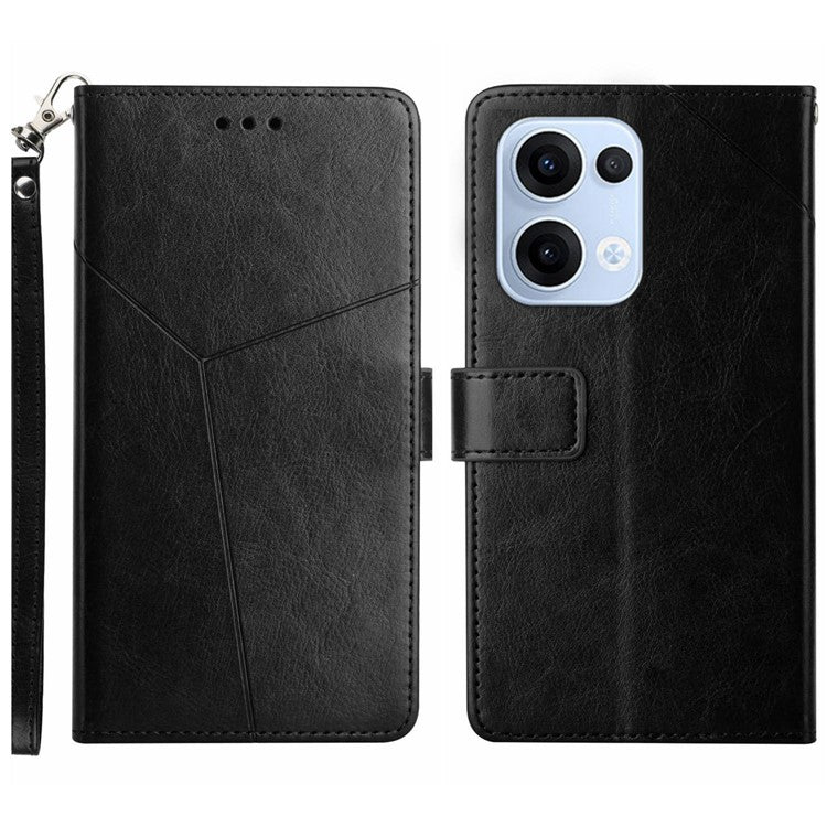 For Oppo Reno13 5G (Global) Case with Wrist Strap Y Shaped Lines Imprint Leather Phone Cover - Black