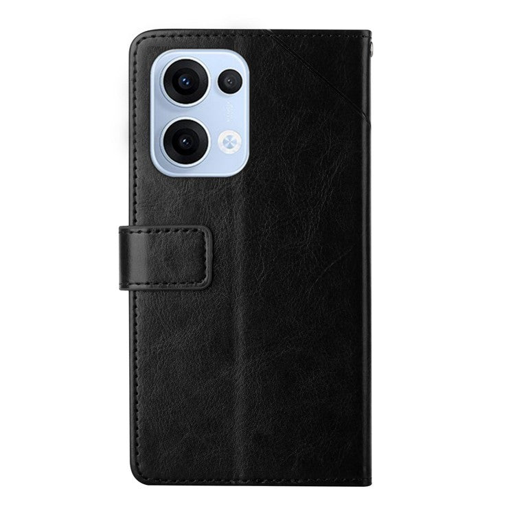 For Oppo Reno13 5G (Global) Case with Wrist Strap Y Shaped Lines Imprint Leather Phone Cover - Black