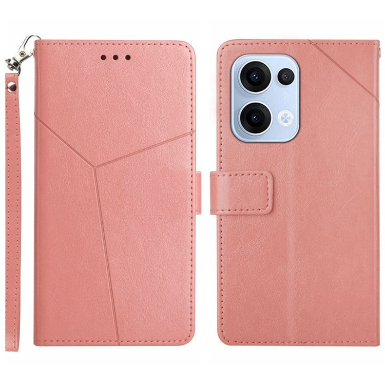 For Oppo Reno13 5G (Global) Case with Wrist Strap Y Shaped Lines Imprint Leather Phone Cover - Pink
