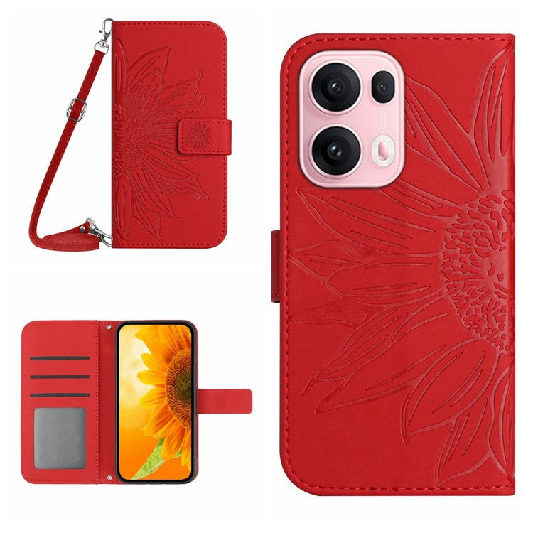 For Oppo Reno13 Pro 5G Case Sunflower Imprint PU Leather Phone Cover with Long Strap - Red