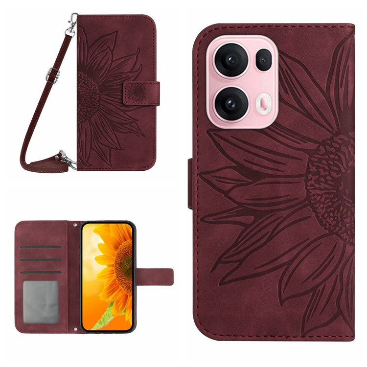 For Oppo Reno13 Pro 5G Case Sunflower Imprint PU Leather Phone Cover with Long Strap - Wine Red