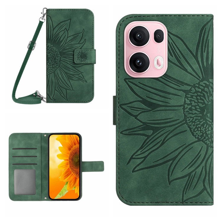 For Oppo Reno13 Pro 5G Case Sunflower Imprint PU Leather Phone Cover with Long Strap - Blackish Green