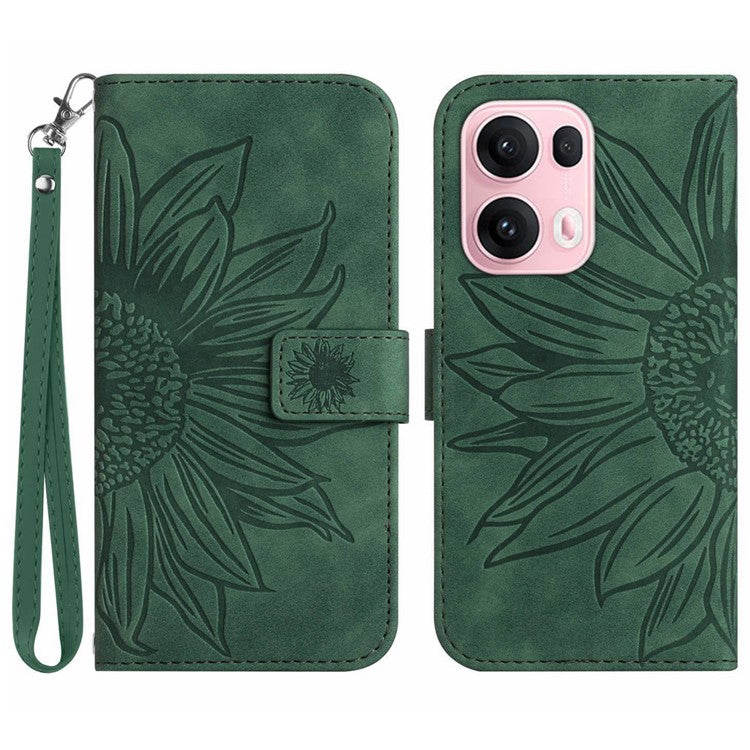 For Oppo Reno13 Pro 5G Case Sunflower Imprint Leather Wallet Phone Cover with Wrist Strap - Dark Green