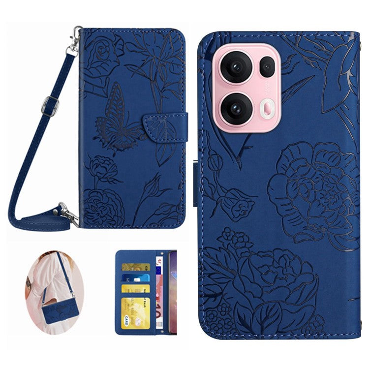For Oppo Reno13 Pro 5G Case Butterfly Flower Imprint Leather Phone Cover with Shoulder Strap - Blue