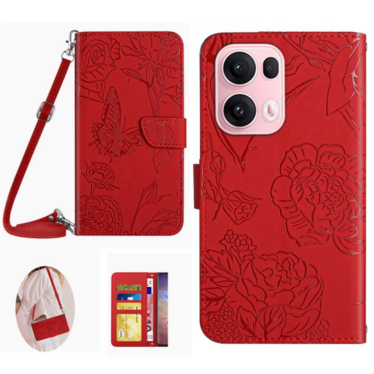 For Oppo Reno13 Pro 5G Case Butterfly Flower Imprint Leather Phone Cover with Shoulder Strap - Red