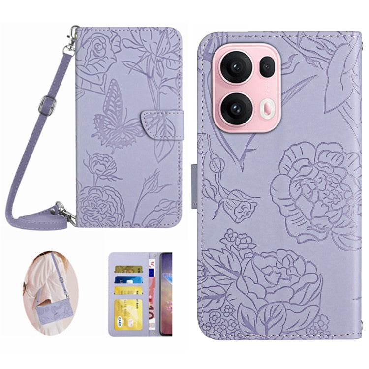 For Oppo Reno13 Pro 5G Case Butterfly Flower Imprint Leather Phone Cover with Shoulder Strap - Purple
