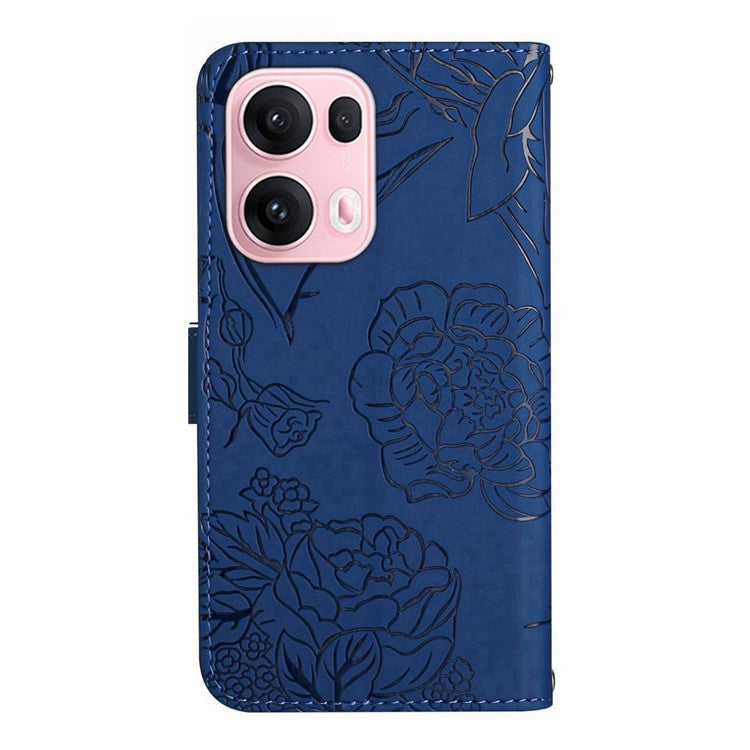 For Oppo Reno13 Pro 5G Case Butterfly Flower Imprinted Leather Phone Cover with Strap - Blue