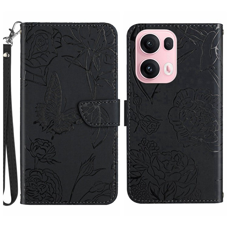 For Oppo Reno13 Pro 5G Case Butterfly Flower Imprinted Leather Phone Cover with Strap - Black