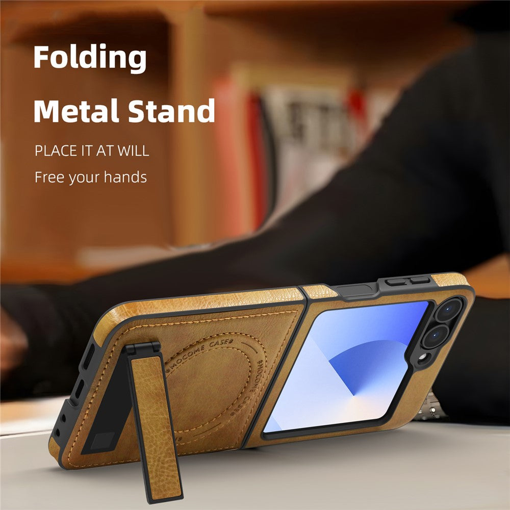 For Samsung Galaxy Z Flip7 FE 5G / Z Flip6 5G Case Compatible with MagSafe Kickstand Leather Phone Back Cover  - Brown