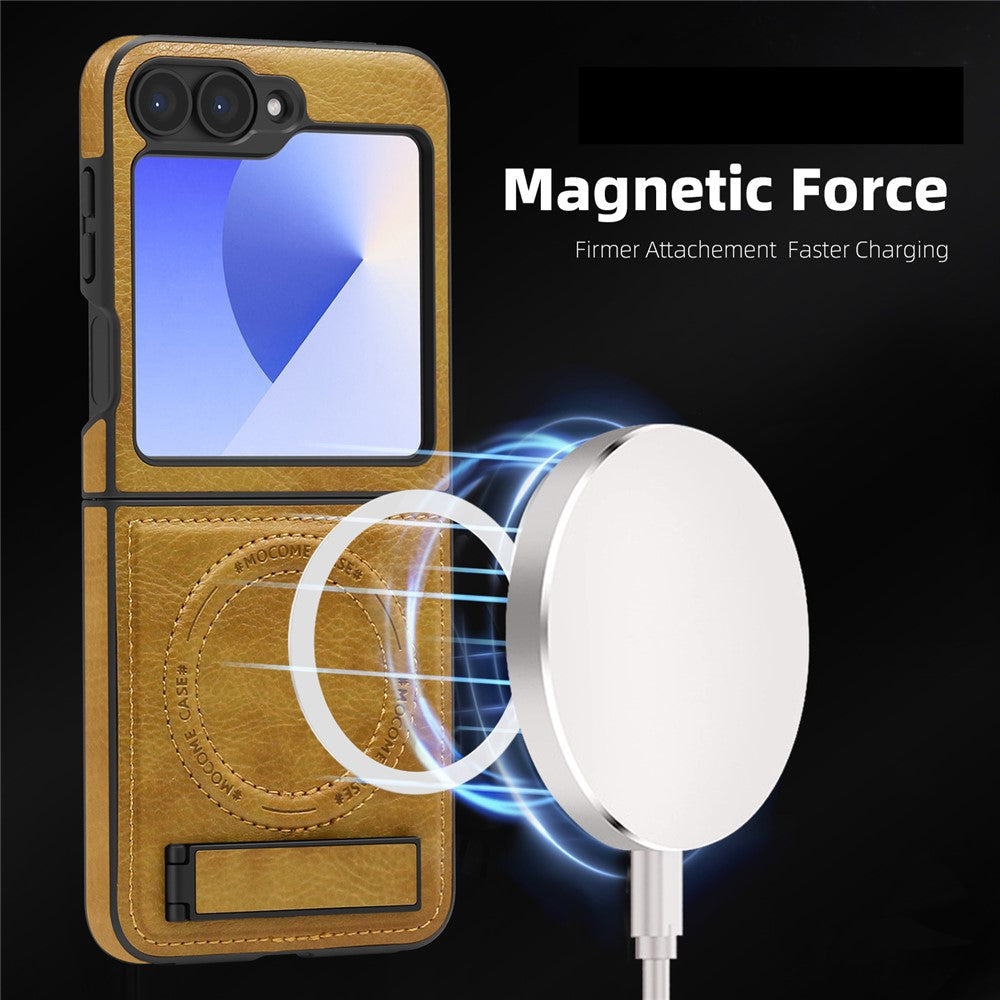 For Samsung Galaxy Z Flip7 FE 5G / Z Flip6 5G Case Compatible with MagSafe Kickstand Leather Phone Back Cover - Desert Gold