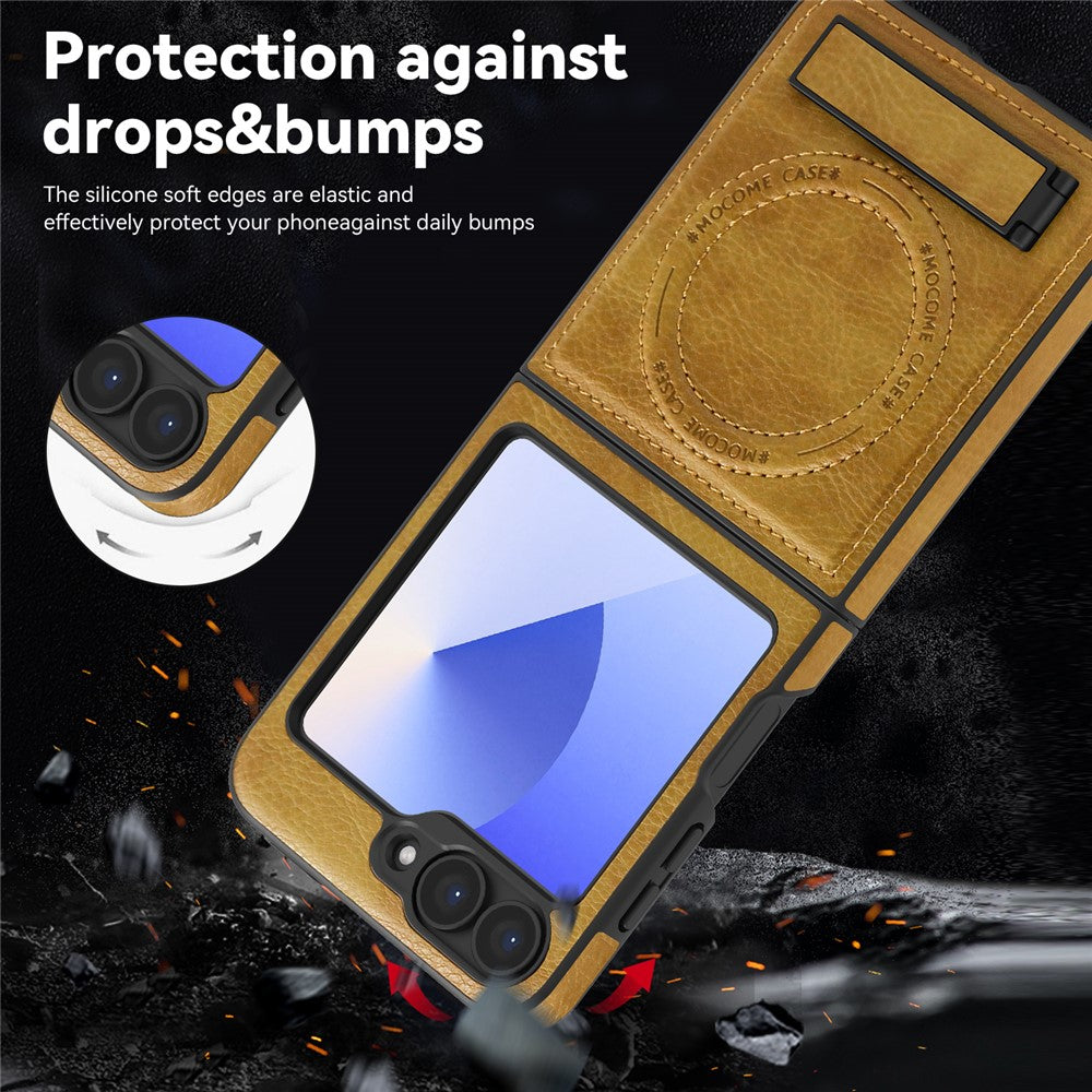 For Samsung Galaxy Z Flip7 FE 5G / Z Flip6 5G Case Compatible with MagSafe Kickstand Leather Phone Back Cover - Desert Gold