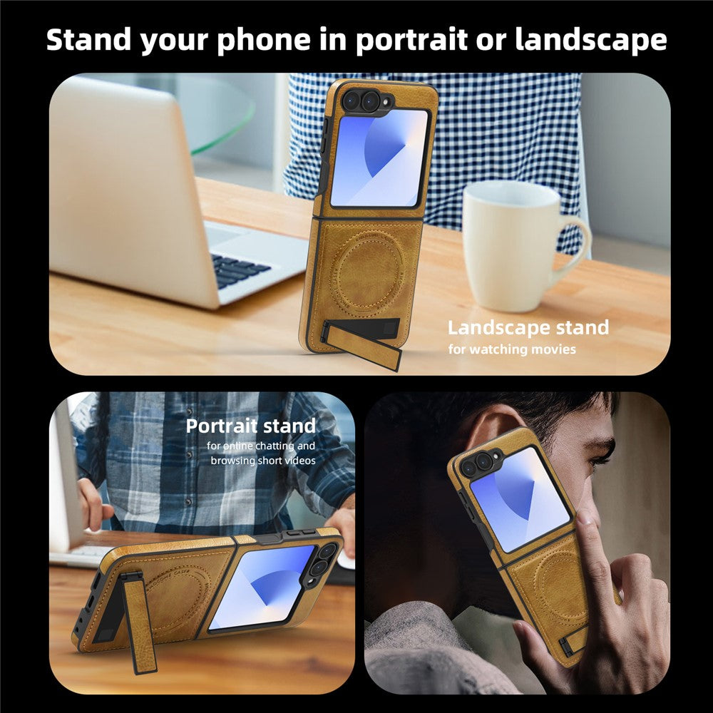 For Samsung Galaxy Z Flip7 FE 5G / Z Flip6 5G Case Compatible with MagSafe Kickstand Leather Phone Back Cover - Sapphire