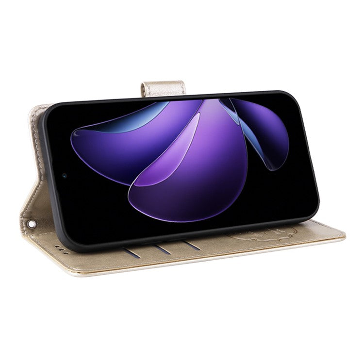 For Oppo Reno13 F 5G Leather Case Butterfly Floral Imprint Wallet Stand Cover - Gold